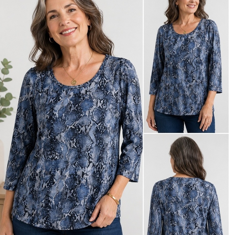Chico's Top Womens XL Blue Snake Print Pima Cotton Office Casual Classic Chic